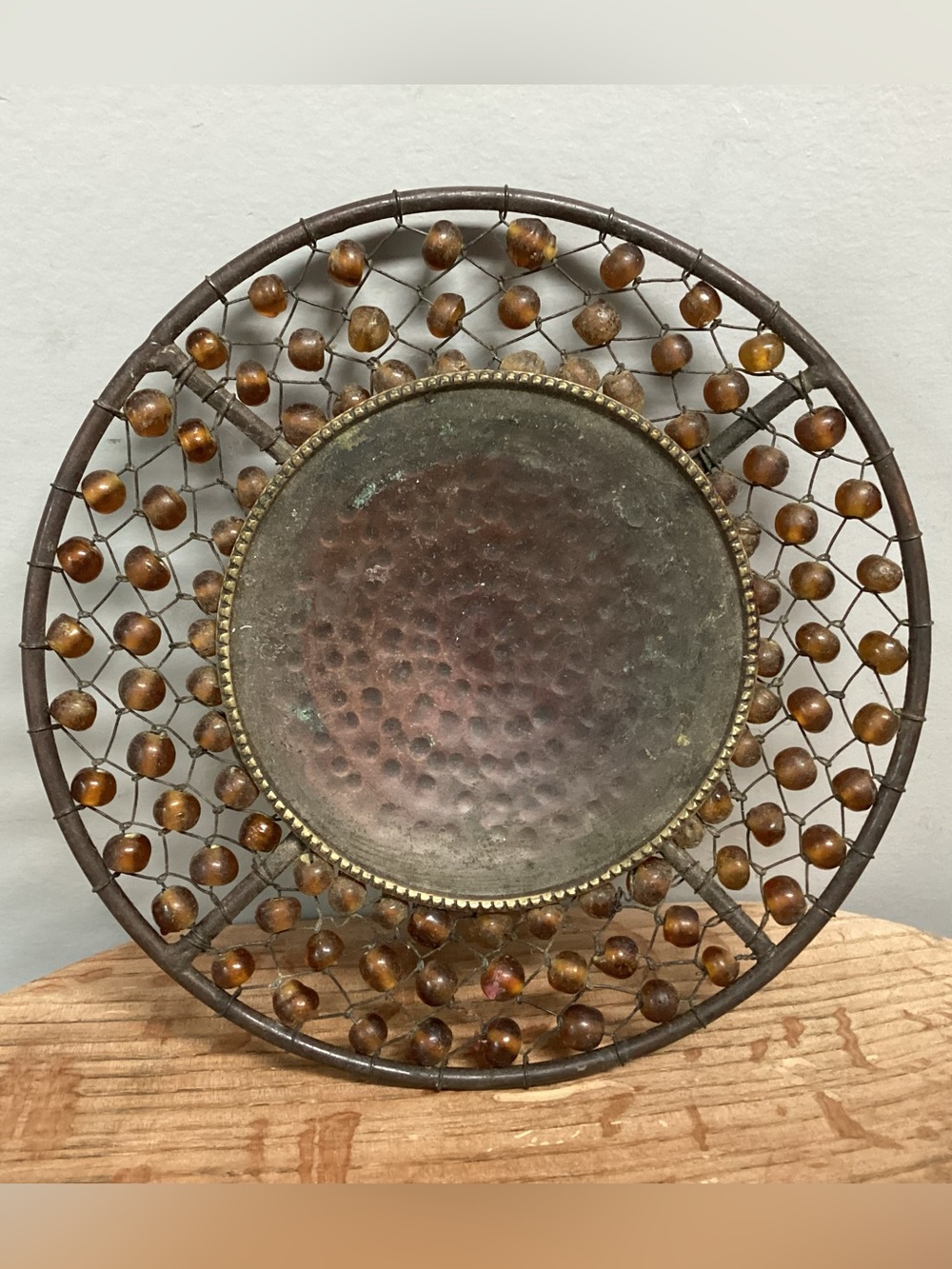 🟤 Vintage - Hammered Copper & Beaded Tray - Candle Holder & More - Unique